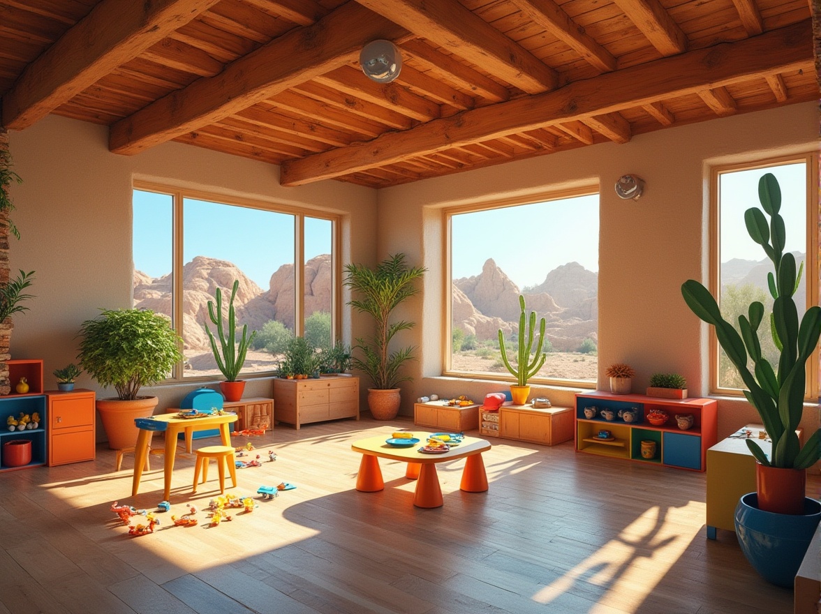 Prompt: Canyon kindergarten, unique architecture, rustic wooden beams, colorful modern furniture, vibrant play areas, educational toys, scattered potted plants, stone walls, large windows, natural light pouring in, desert landscape outside, rocky formations, cacti, sunny day, clear blue sky, 3/4 composition, warm ambient lighting, cinematic feel, shallow depth of field, playful atmosphere.