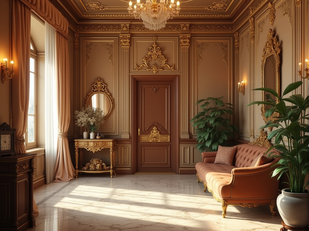 Prompt: Luxurious classic interior, elegant wooden furniture, ornate gold frames, velvet drapes, intricate patterns on wallpaper, crystal chandelier, soft warm lighting, marble floor, carved wooden door, vintage clock, rich brown leather sofa, delicate porcelain vases, lush green plants, subtle morning sunlight, subtle shadows, warm beige tones, refined classic atmosphere.