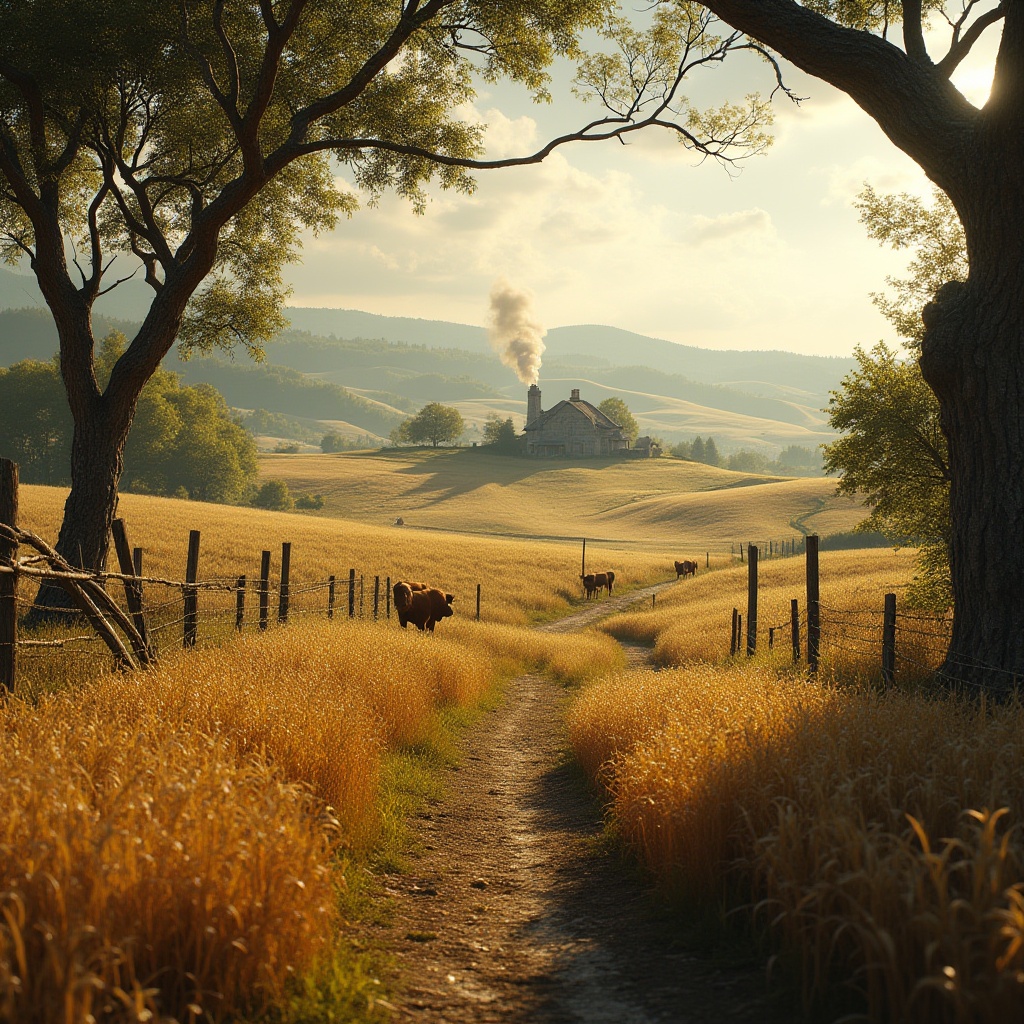 Prompt: Rural landscape, serene atmosphere, rolling hills, vast fields of golden wheat, rustic wooden fences, ancient trees with twisted branches, vintage farmhouse in the distance, smoke rising from chimney, lazy cows grazing, a winding dirt road disappearing into the horizon, warm sunlight casting long shadows, soft focus on background, shallow depth of field, cinematic composition, 2.39 aspect ratio, natural color palette, film grain, gentle rustling sound effects, peaceful ambiance.