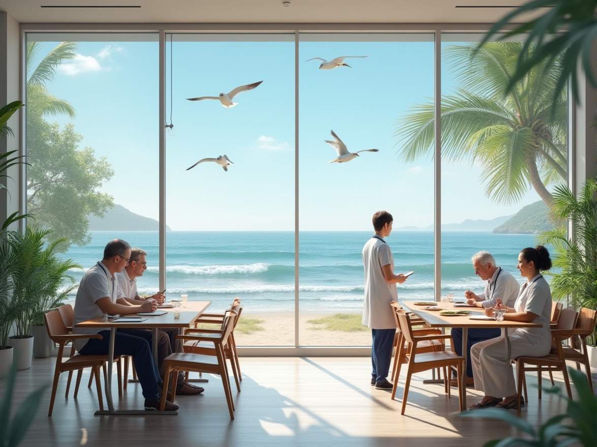 Prompt: Coastal healthcare center, modern architecture, large windows, ocean view, waves crashing, seagulls flying, beachside, tropical plants, palm trees, sunny weather, bright lighting, interior design, minimalist style, wooden furniture, medical equipment, doctor in white coat, nurse in uniform, patients relaxing, reading books, enjoying coffee, calm atmosphere, peaceful ambiance, 3/4 composition, shallow depth of field, natural light, airy feel, soft color palette.