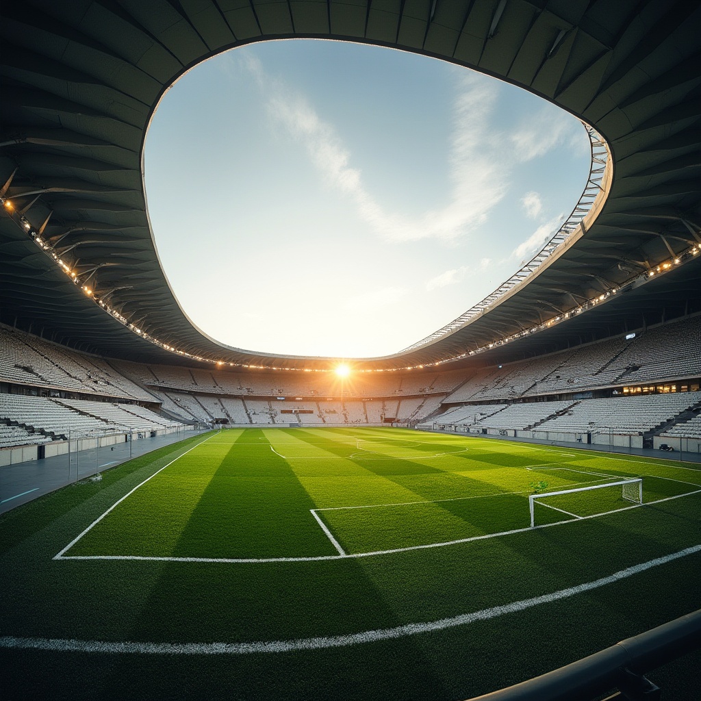 Prompt: Modern soccer stadium, structuralist architecture, sleek lines, geometric shapes, exposed steel beams, cantilevered roofs, angular columns, minimalist aesthetic, functional design, vibrant green grass, white track lines, goalposts, nets, floodlights, evening atmosphere, warm golden lighting, dramatic shadows, 3/4 composition, low-angle shot, fisheye lens.