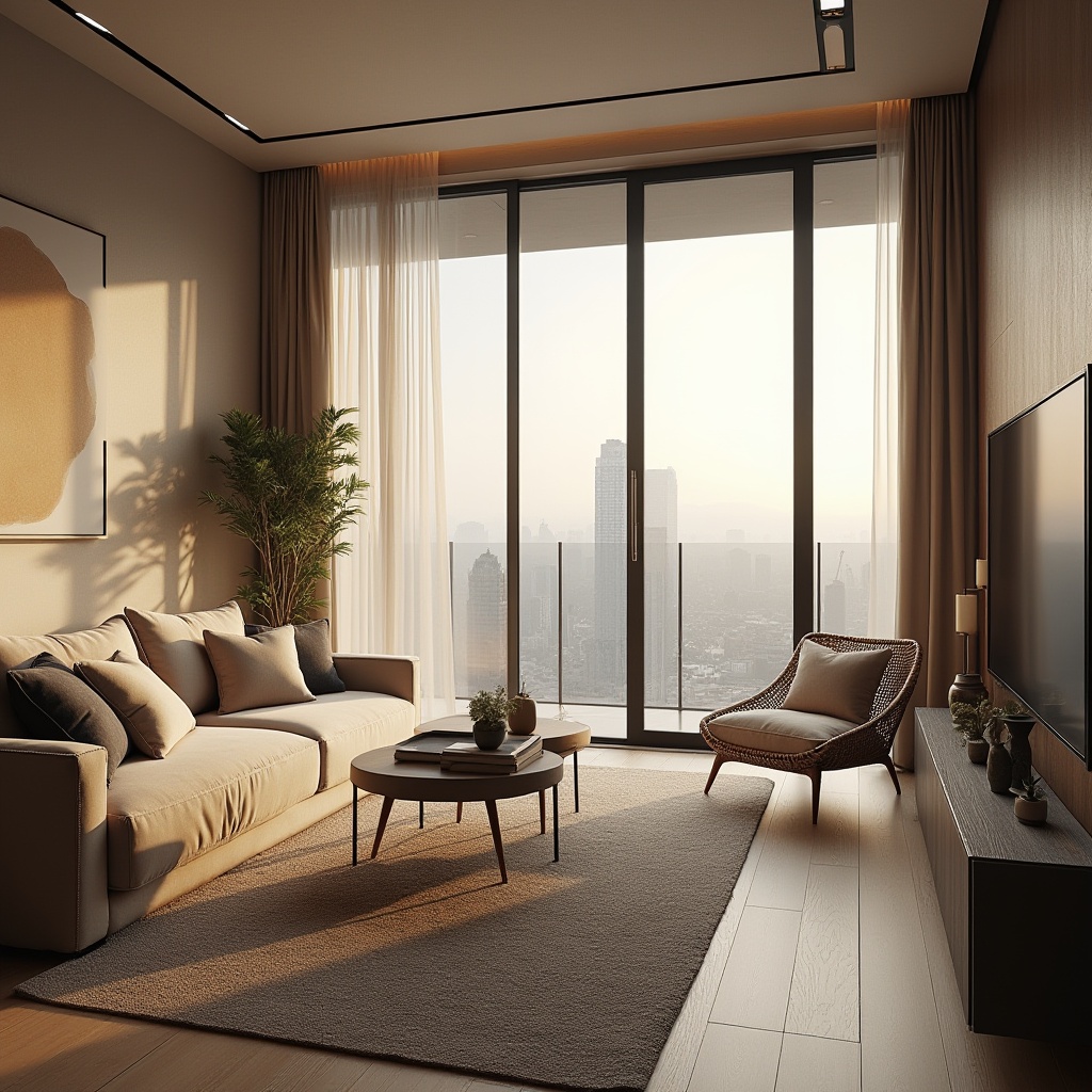 Prompt: Modern apartment, vernacular architecture, luxurious interior design, incorporating fabrics, velvet sofa, silk curtains, linen bed sheets, woven basket chairs, wooden flooring, plush area rugs, minimalist coffee table, floor-to-ceiling windows, city view, natural light pouring in, 3/4 composition, warm ambient lighting, cozy atmosphere, soft focus, shallow depth of field.