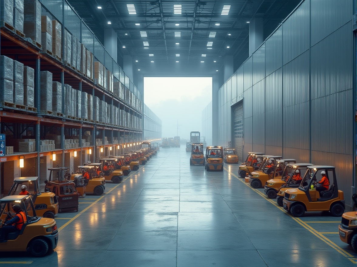 Prompt: Modern suburban distribution center, sleek architecture, silver metallic exterior, numerous loading docks, rows of tall shelves, busy forklifts moving goods, workers in bright orange vests, reflective safety helmets, concrete flooring, fluorescent lighting, panoramic view, 3/4 composition, early morning misty atmosphere, soft natural light.