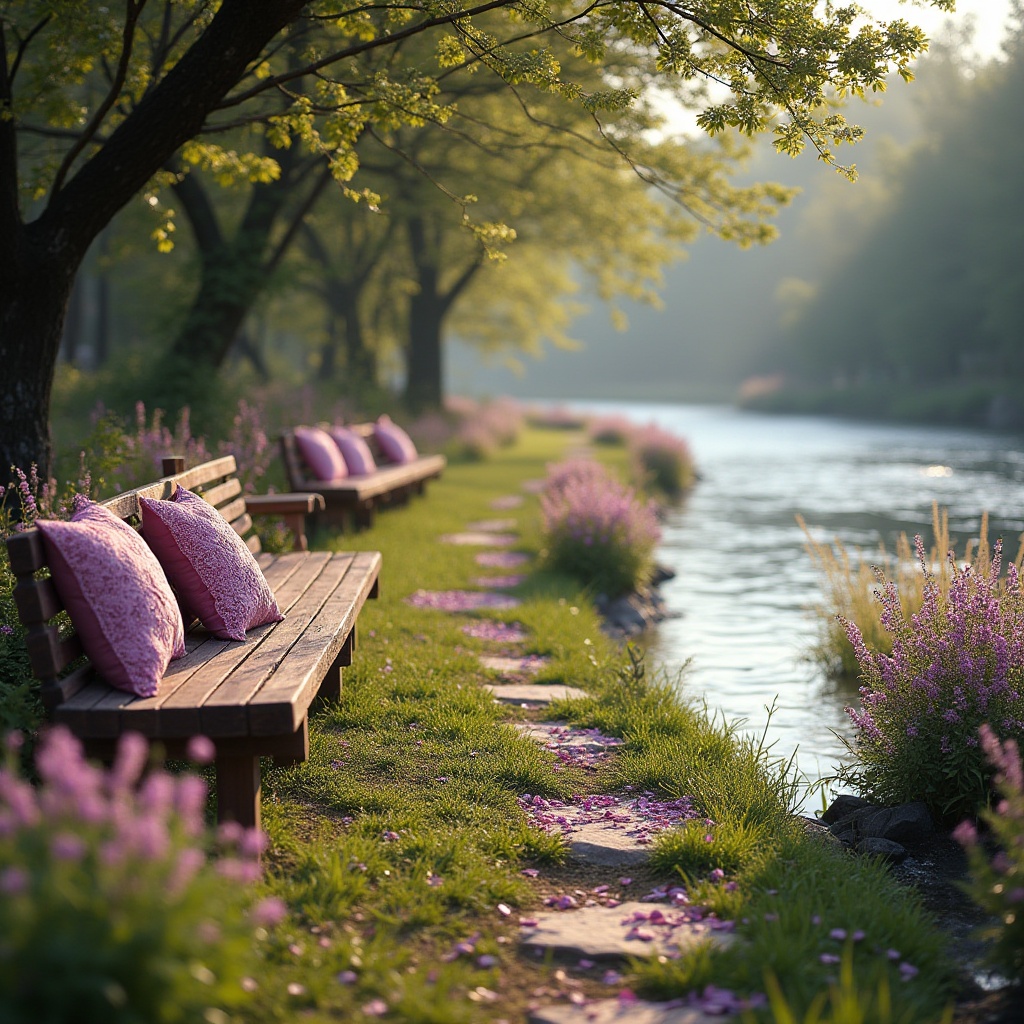 Prompt: Mauve colored riverbank, serene atmosphere, lush greenery, vibrant purple flowers blooming along the bank, delicate mauve petals scattered on the grass, a few stepping stones leading to the water's edge, rustic wooden benches in mauve hue, soft cushions with intricate lace details, gentle river flow, warm sunlight casting long shadows, panoramic view, 3/4 composition, soft focus, natural lighting.