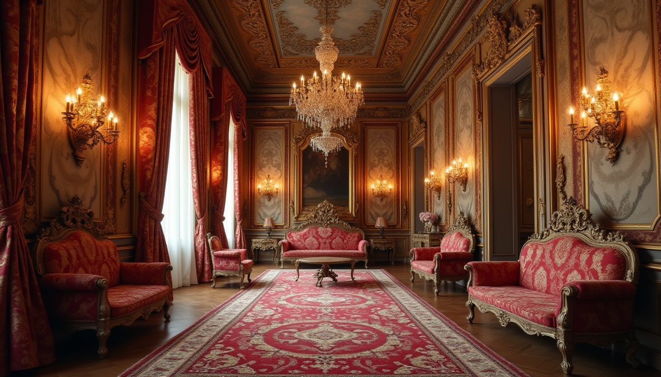 Prompt: Classic European-style palace interior, ornate Baroque patterns, luxurious velvet fabrics, intricate golden embroidery, Renaissance-inspired wall tapestries, rich brocade upholstery, antique wooden furniture, carved ornaments, majestic chandeliers, soft warm lighting, 3/4 composition, shallow depth of field, cinematic atmosphere.