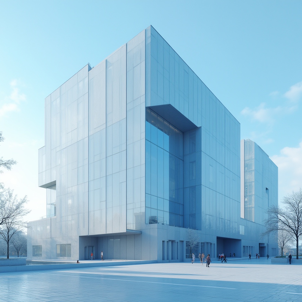 Prompt: Powder blue building, modern architecture, sleek lines, minimalist design, glass facade, steel frame, urban cityscape, daytime, clear sky, few white clouds, subtle shadows, 3/4 composition, soft natural lighting, panoramic view, emphasis on geometric shapes, powder blue accents, subtle gradient effect, calm atmosphere.