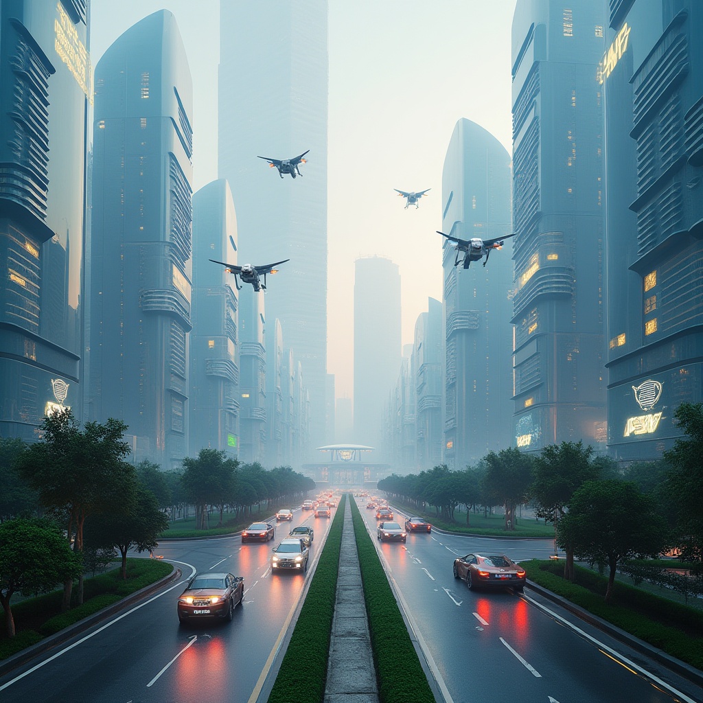 Prompt: Futuristic suburban space, sleek skyscrapers, curved lines, neon lights, holographic advertisements, flying cars, levitating drones, virtual reality pedestrians, augmented reality street signs, metallic roads, robotic street cleaners, autonomous buses, green spaces with glowing plants, vertical farming, levitating trees, misty fog atmosphere, soft futuristic lighting, 3/4 composition, panoramic view.