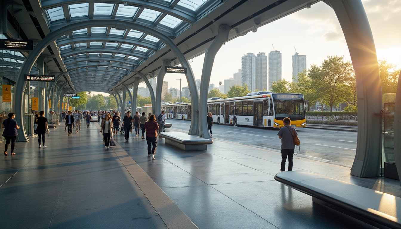 Prompt: Modern bus station, steel-framed structure, sleek lines, silver-gray color, glass walls, transparent roof, natural light pouring in, urban setting, cityscape background, people walking by, buses parked, electronic information boards, sleek benches, greenery surrounding, futuristic atmosphere, high-angle shot, dramatic lighting, afternoon sun casting long shadows.