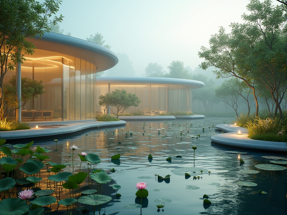 Prompt: Wetland design, polycarbonate structure, transparent walls, reflective surface, modern architecture, futuristic vibe, water features, lotus flowers, soft ripples on water surface, lush greenery, mangrove trees, misty atmosphere, warm ambient lighting, shallow depth of field, cinematic composition, 3/4 view, panoramic shot.