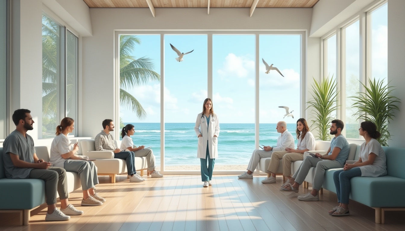 Prompt: Coastal healthcare center, modern architecture, large windows, ocean view, white walls, wooden floors, natural light, comfortable seating area, medical equipment, doctor in white coat, nurse with stethoscope, patients waiting, calming colors, beach scene outside, palm trees, seagulls flying, sunny day, clear blue sky, 3/4 composition, soft focus on background, shallow depth of field, warm lighting.