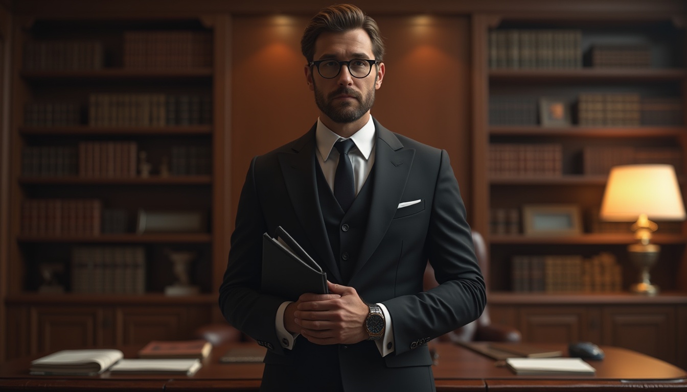 Prompt: Elegant professor, 30s-40s, bespectacled, short brown hair, neat beard, white dress shirt, black tie, formal black suit, leather belt, polished black shoes, classic watch, holding a book or folder, standing in a luxurious office, wooden desk, comfortable chair, floor-to-ceiling bookshelves, warm lighting, subtle wood texture, professional ambiance, shallow depth of field, realistic rendering, cinematic composition.