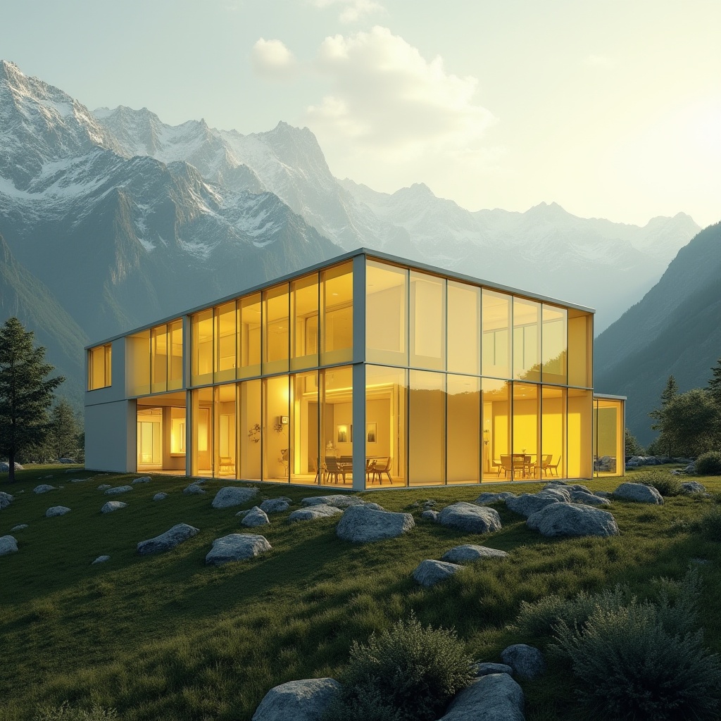 Prompt: Mountainous energy plant, modern architecture, light yellow color scheme, steel framework, transparent glass walls, sleek lines, minimalist design, subtle gradient effect, warm ambient lighting, afternoon sunbeams, snow-capped mountains in background, lush greenery surrounding, gentle mist, soft focus, 3/4 composition, cinematic mood.