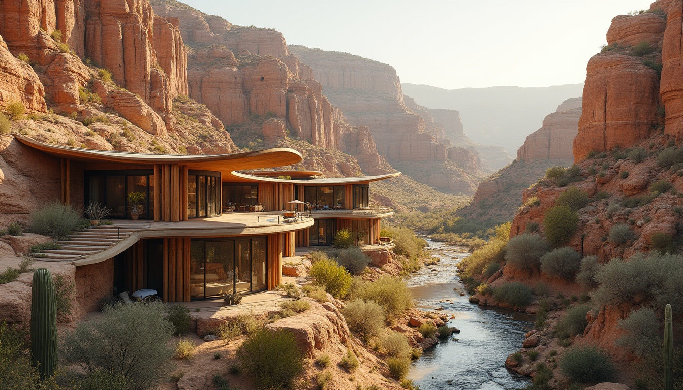 Prompt: Canyon architecture, adaptive design, climate-resilient building, natural materials, earthy tones, curved lines, blend with surroundings, sustainable features, solar panels, green roofs, rainwater harvesting system, passive ventilation, large windows, panoramic view, desert landscape, canyon walls, rocky formations, cacti, succulents, dry riverbed, warm sunlight, soft shadows, 3/4 composition, natural lighting, cinematic atmosphere.