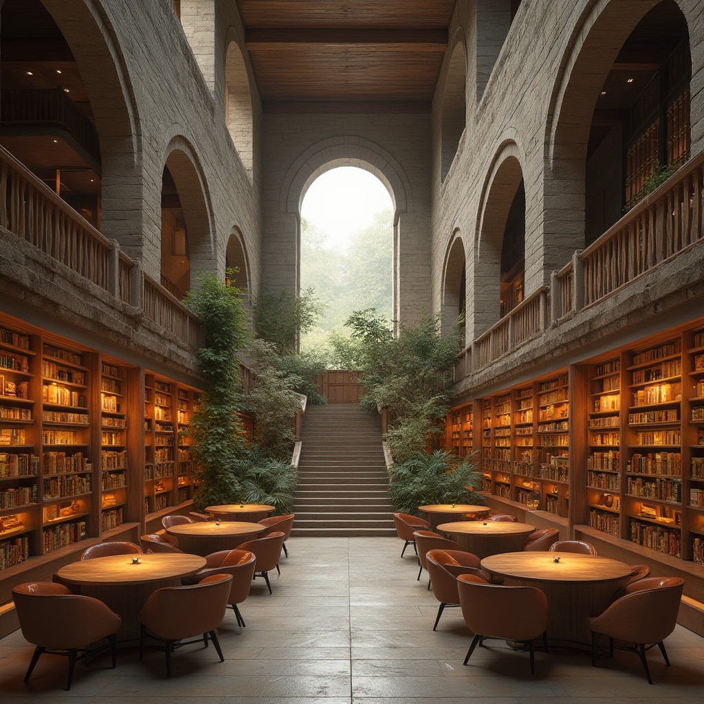 Prompt: Masonry material, library interior, bookshelves, reading tables, chairs, warm lighting, wooden texture, stone walls, arches, columns, grand staircase, open atrium, natural light pouring in, cozy atmosphere, quiet ambiance, modern minimalist decor, earthy tone color palette, plants on shelves, intricate architectural details, 3/4 composition, softbox lighting, cinematic rendering.