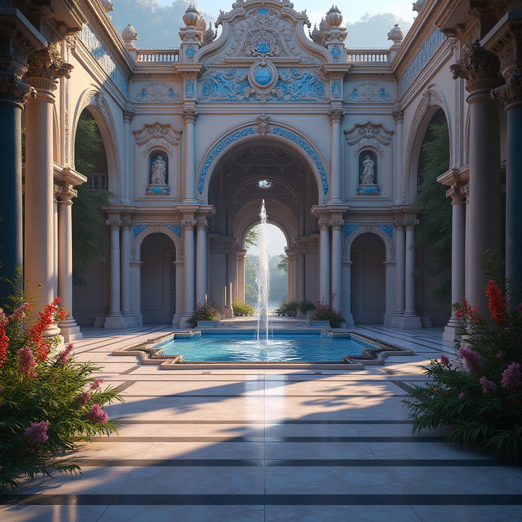 Prompt: Monument design, grandiose structure, blue violet accents, intricate carvings, ornate details, majestic pillars, sweeping arches, polished marble floors, ornamental fountain, lush greenery surroundings, vibrant flowers, warm golden lighting, dramatic shadows, Baroque-inspired architecture, solemn atmosphere, historic landmark, UNESCO World Heritage site, panoramic view, low-angle shot, cinematic composition.