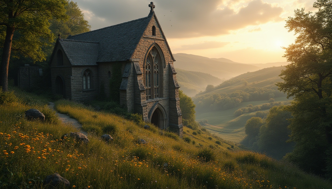 Prompt: Rural landscape, rolling hills, abandoned farmland, overgrown with wildflowers, vines crawling up stone walls, ancient Gothic church, intricate stone carvings, stained glass windows, grand entrance, dramatic arches, ribbed vaults, flying buttresses, eerie mist, mystical atmosphere, warm sunset light, soft focus, cinematic composition, atmospheric perspective, mysterious shadows.