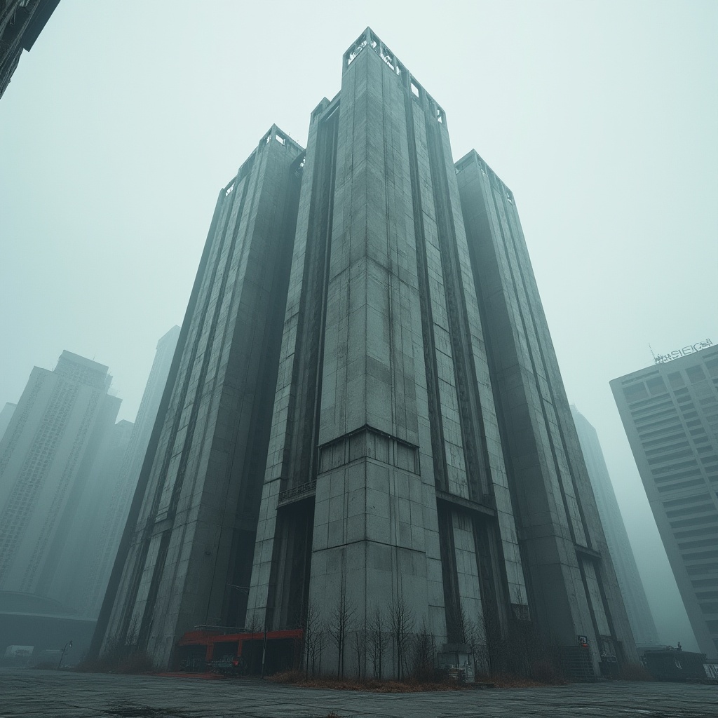 Prompt: Brutalist skyscraper, urban landscape, concrete structure, rugged texture, fortress-like design, sharp angles, monumental scale, imposing presence, metropolitan city, overcast sky, dramatic lighting, low-angle shot, atmospheric haze, bold architectural lines, industrial materials, raw concrete, metal beams, functional simplicity, futuristic ambiance, cyberpunk tone.