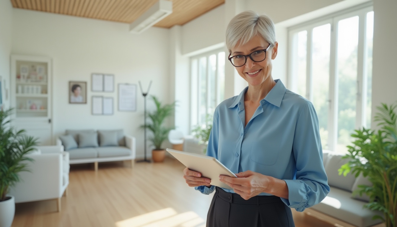 Prompt: Rehabilitation center interior, modern minimalist style, white walls, large windows, natural light, wooden floors, comfortable sofas, green plants, rehabilitation equipment, medical charts, solo mature lady, therapist, standing, holding a tablet, gentle smile, reading glasses, short hair, professional attire, blue blouse, black trousers, subtle makeup, calm atmosphere, warm lighting, 3/4 composition, soft focus.