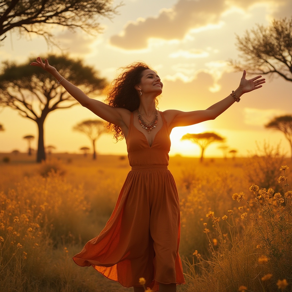 Prompt: African savannah-inspired setting, warm golden light, acacia trees, grasslands, wildflowers in bloom, gentle breeze, serene atmosphere, a woman, mature lady, natural makeup, curly brown hair, earthy tone dress, flowing maxi skirt, sandals, African-inspired jewelry, standing, looking up at the sky, arms stretched out, carefree, joyful expression, warm sunlight casting long shadows, soft focus on the background, cinematic composition, vibrant colors, high dynamic range.