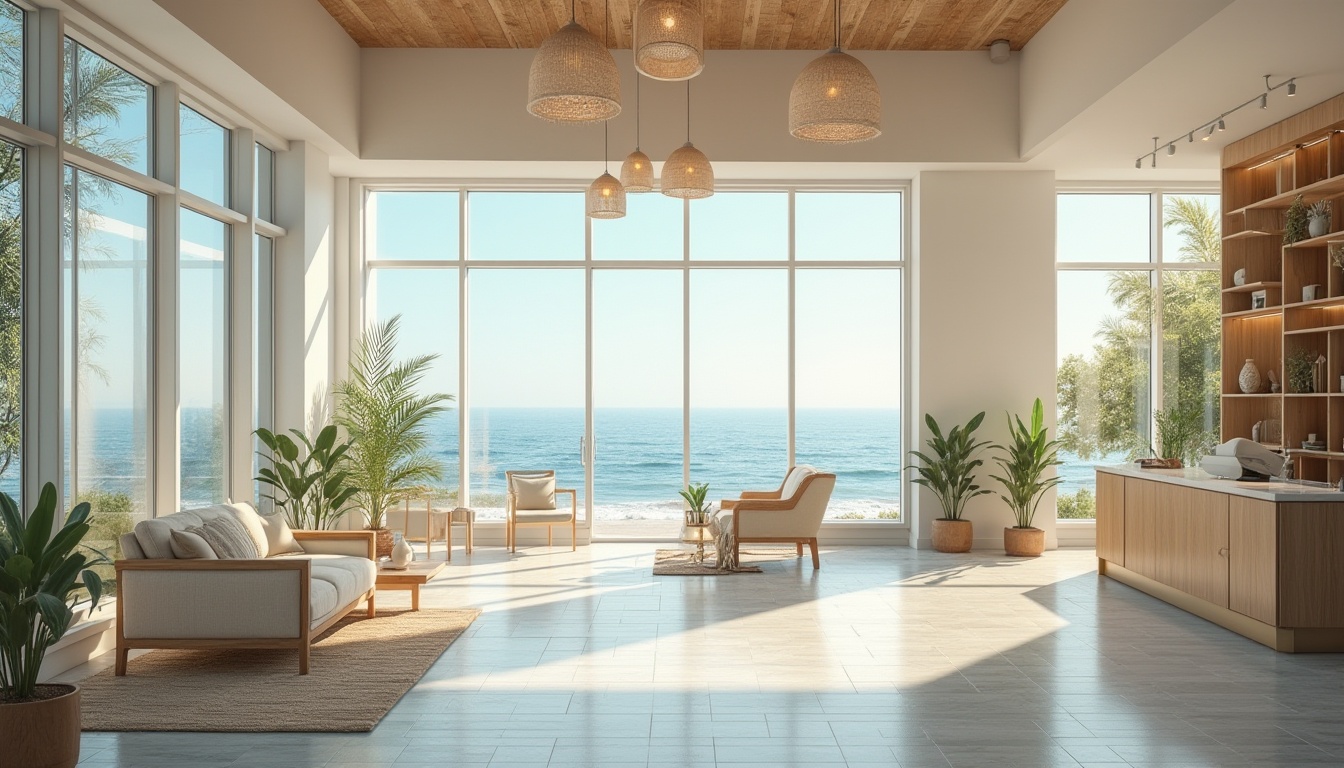 Prompt: Coastal-themed healthcare center, calm atmosphere, natural materials, wooden accents, wavy patterns, ocean-inspired color palette, soft blue tones, creamy whites, sandy beiges, floor-to-ceiling windows, abundant natural light, serene ocean views, gentle sea breeze, sound of waves, minimalist decor, lush greenery, plants with coastal vibes, driftwood furniture, comfortable seating areas, peaceful waiting rooms, private patient rooms with calming ocean views, modern medical equipment, soft focus lighting, warm ambiance, 3/4 composition, shallow depth of field, natural textures.