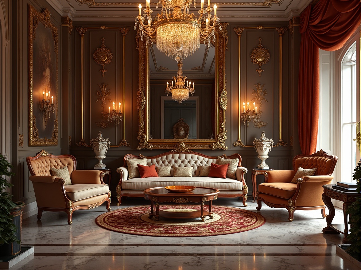 Prompt: Classic interior, luxurious living room, ornate mirror frame, gold leaf patterns, crystal chandelier, velvet drapes, antique vases, intricately carved wooden furniture, marble floors, Renaissance-inspired artwork, Baroque-style sculptures, lavish textiles, rich jewel tones, warm softbox lighting, 3/4 composition, shallow depth of field.