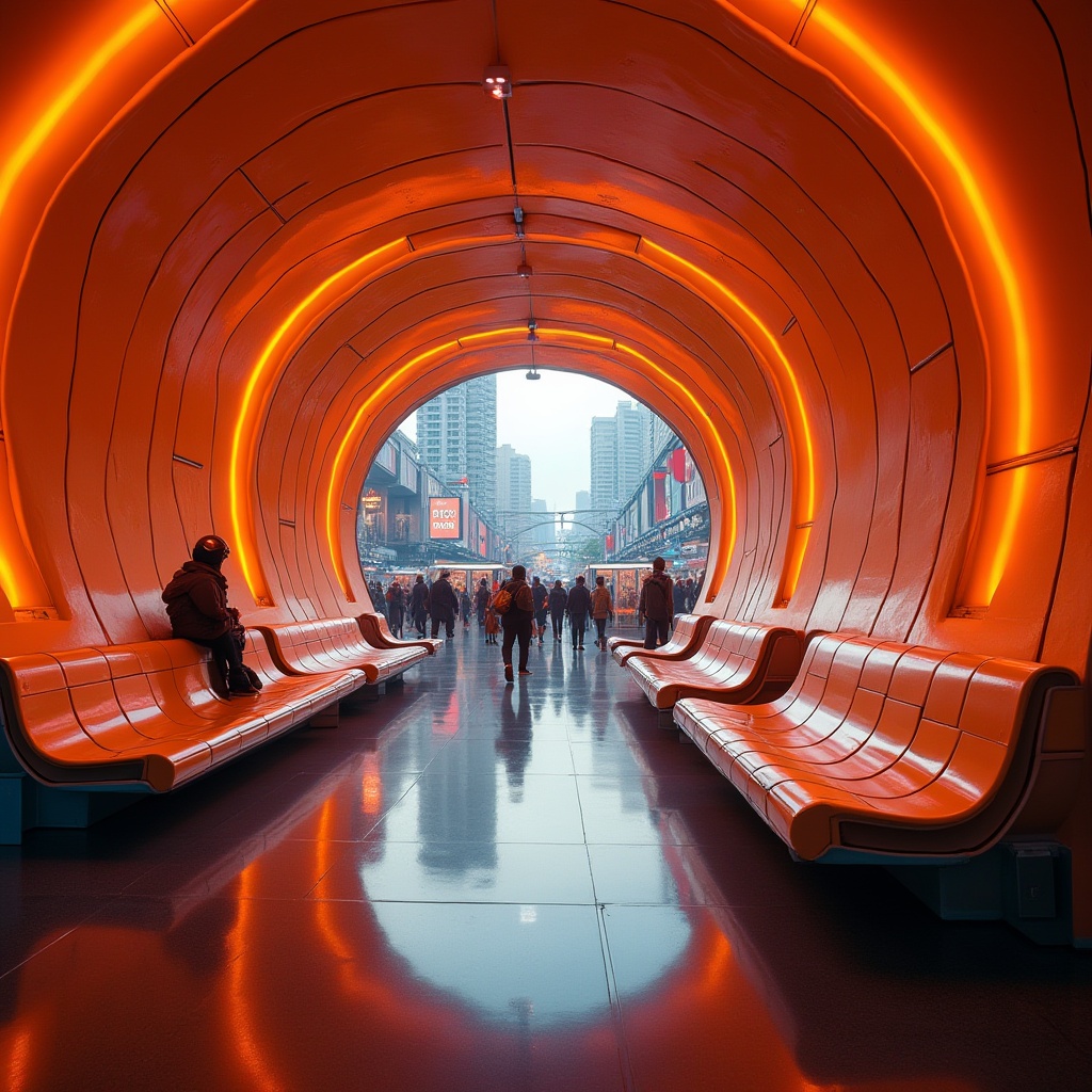 Prompt: Vibrant orange, bold futuristic train station, modern architecture, curved lines, neon lights, sleek metal benches, futuristic advertisement screens, busy crowd, rush hour, cityscape, urban jungle, metropolitan atmosphere, low-angle shot, dynamic composition, high-contrast lighting, cinematic mood, 3/4 view, overhead light, reflections on polished floor.