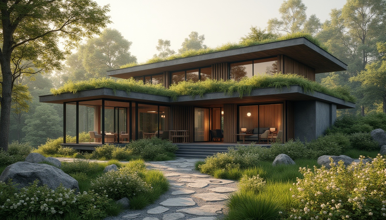 Prompt: Modern Bauhaus building, integrated with nature, green roof, lush vegetation, wooden accents, floor-to-ceiling windows, minimal ornamentation, clean lines, rectangular shape, steel frames, concrete walls, overhanging eaves, surrounding forest, tall trees, blooming flowers, winding stone path, natural light pouring in, 3/4 composition, soft focus, warm color palette, serene atmosphere.