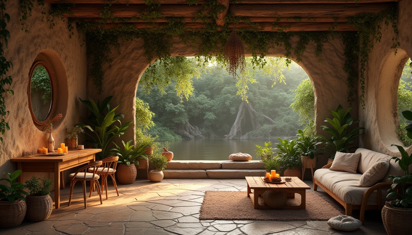 Prompt: natural, organic, inviting space, cozy atmosphere, earthy tone, wooden furniture, woven baskets, potted plants, vines crawling up walls, stone flooring, candle lighting, soft textiles, comfortable seating, nature-inspired decor, serene ambiance, 3/4 composition, warm and soft ambient lighting.