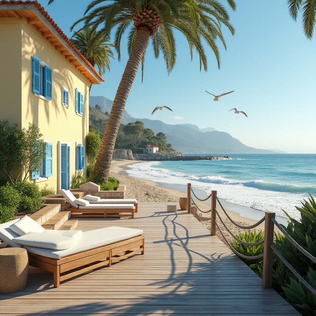 Prompt: Coastal villa, Mediterranean style, light yellow walls, white windows, blue shutters, terracotta roof, palm trees, beachside, sunny day, clear sky, gentle sea breeze, waves crashing, seagulls flying overhead, wooden deck, comfortable lounge chairs, soft cushions, nautical rope railing, panoramic view, 3/4 composition, warm lighting, HDR, shallow depth of field.