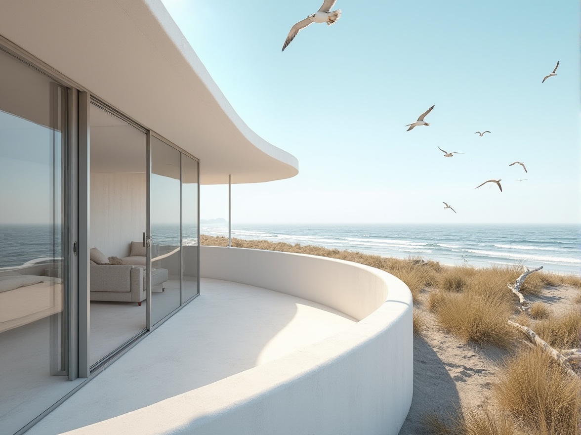 Prompt: Coastal scenery, beachside villa, modern architecture, white plasticrete walls, curved lines, sleek design, large windows, sliding glass doors, minimalist interior, natural light, ocean view, seagulls flying overhead, waves crashing against the shore, sandy dunes, beach grass, driftwood, sunny day, clear blue sky, soft warm lighting, shallow depth of field.