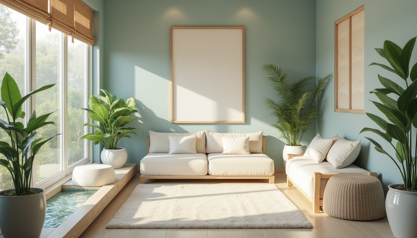 Prompt: calming interior space, natural healing environment, soothing color palette, pale blue walls, creamy white furniture, wooden accents, woven bamboo blinds, lush green plants, water feature, gentle stream sounds, comfortable seating area, plush cushions, soft velvet fabric, warm beige lighting, relaxing ambiance, serene atmosphere, peaceful composition, 3/4 view, gentle focus, natural light filtering through windows.