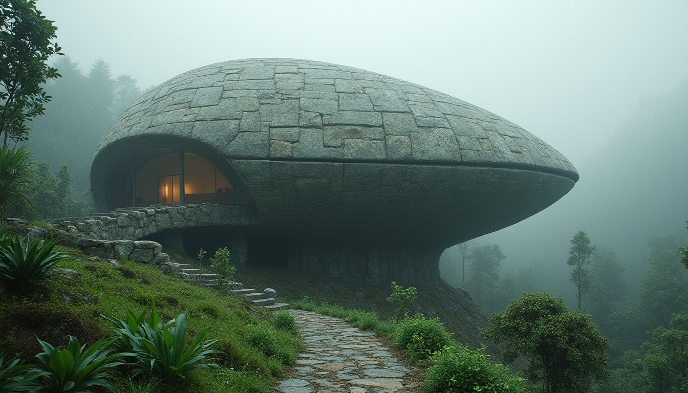 Prompt: Blob-like building, futuristic architecture, irregular shape, masonry material, rough stone texture, rugged rock walls, curved lines, abstract structure, vibrant greenery, lush foliage, exotic plants, misty atmosphere, foggy surroundings, soft natural lighting, 3/4 composition, cinematic mood, dramatic shadows, low-angle shot.