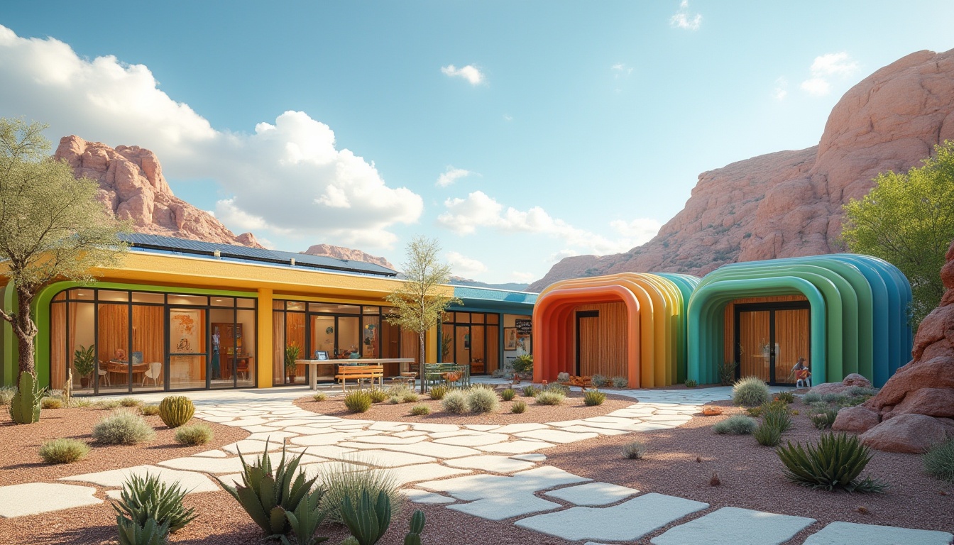 Prompt: Canyon kindergarten, unique architecture, vibrant colors, rounded edges, natural materials, wooden accents, green roofs, solar panels, curved lines, playful layout, open spaces, collaborative zones, educational murals, interactive exhibits, sensory play areas, outdoor classrooms, desert landscape, rocky formations, cacti plants, bright blue sky, fluffy white clouds, morning sunlight, soft shadows, warm atmosphere, 3/4 composition, shallow depth of field.