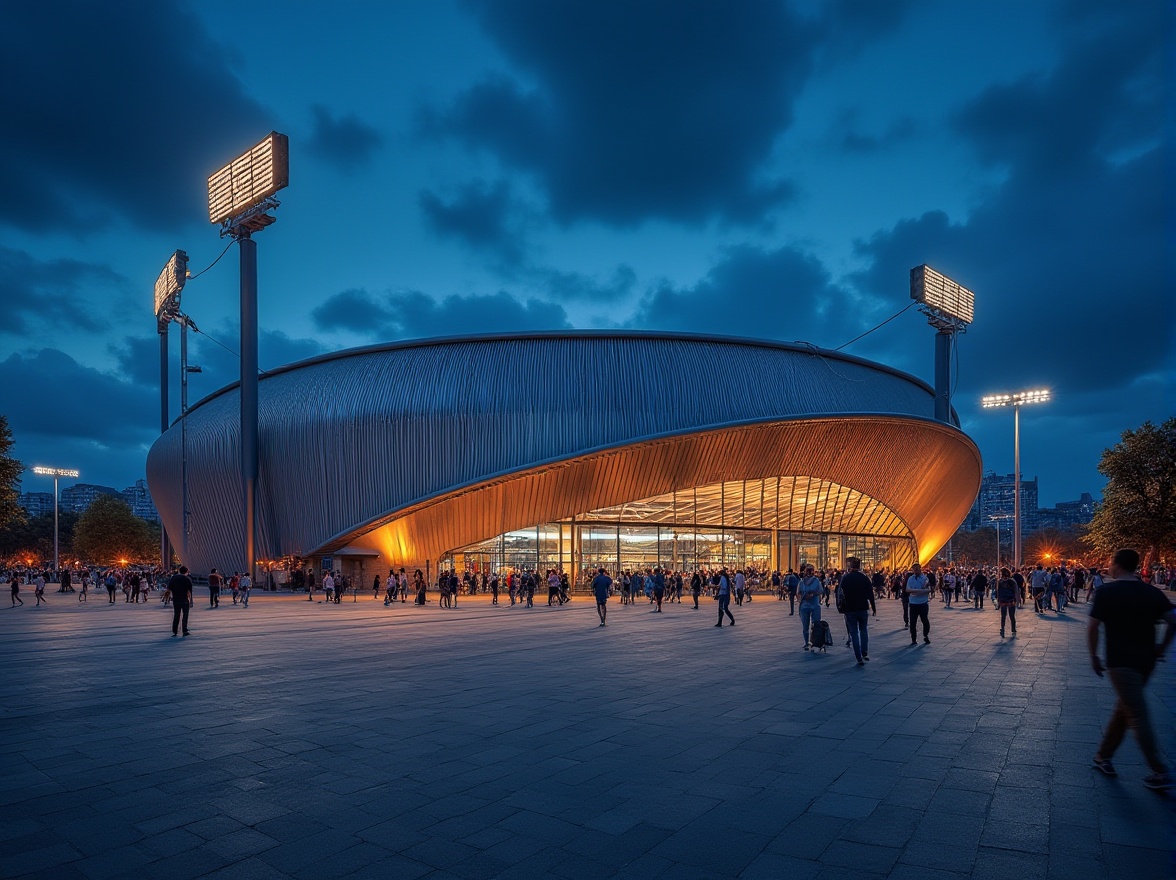 Prompt: Modern stadium, corrugated iron exterior, curved lines, industrial texture, silver metallic color, sleek design, dynamic architecture, grand entrance, floodlights, evening atmosphere, dramatic shadows, panoramic view, low-angle shot, urban landscape, cityscape background, vibrant night lights, bustling crowd, sports event, energetic ambiance.