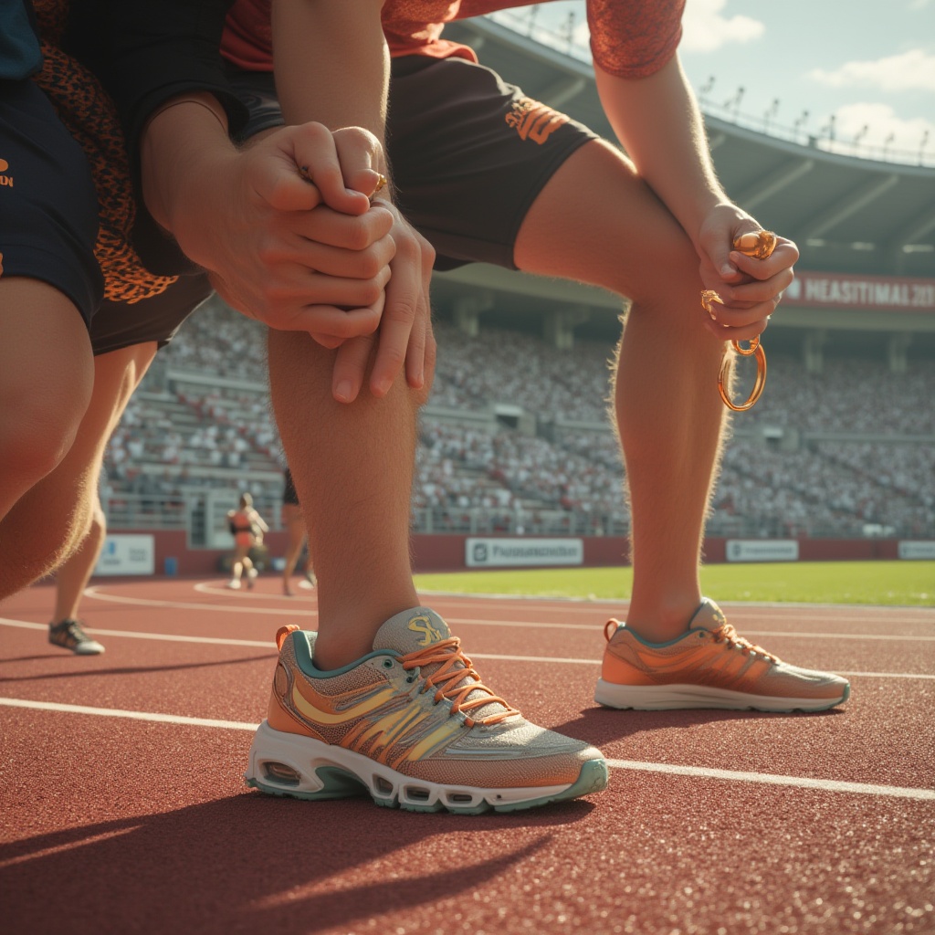 Prompt: Copper material, sports fields, athletic tracks, stadium seating area, copper-plated railings, copper oxide-colored scoreboard, copper-infused athletic equipment, sports shoes with copper accents, copper-toned warm-up jackets, athletic wear with copper-thread embroidery, coach holding a copper-plated whistle, athlete's muscular legs, copper-colored medal, dynamic low-angle shot, bright afternoon sunlight, shallow depth of field, realistic rendering, cinematic composition.