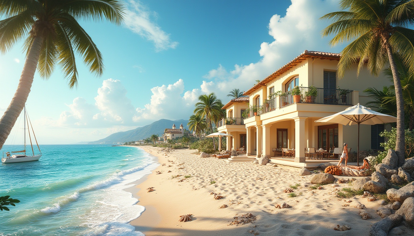 Prompt: Coastal architecture, villa, Mediterranean style, light yellow exterior walls, warm sunny day, gentle sea breeze, palm trees swaying, turquoise ocean waves crashing, beachside, sandy dunes, seashells scattered, driftwood fences, nautical themed decorations, white sailboat docked, seaside promenade, people strolling, happy atmosphere, soft natural lighting, warm color palette, 3/4 composition, slight overexposure, cinematic mood.