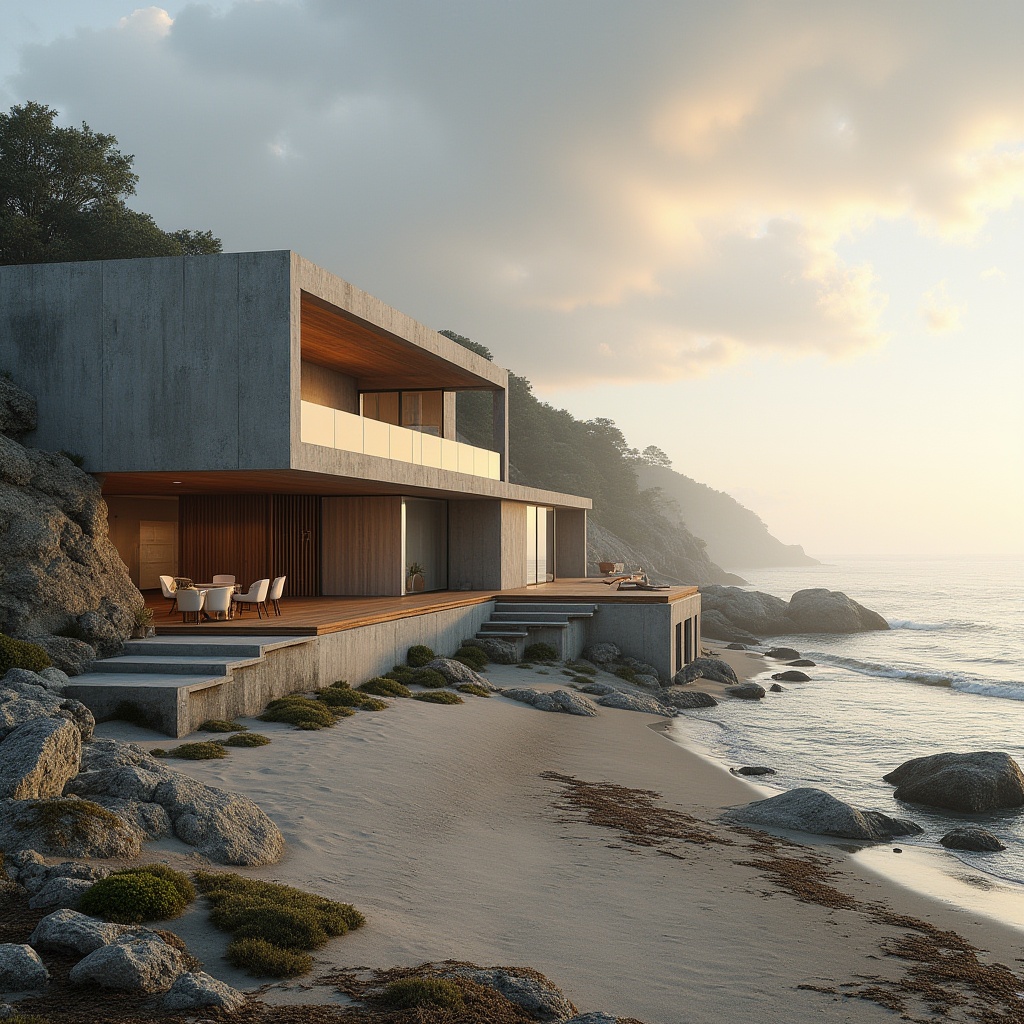 Prompt: Coastal modern house, incorporating concrete, natural textures, rough stone walls, wooden accents, large windows, sliding glass doors, minimalist interior, beige and gray color palette, ocean views, sandy beach, rocky shoreline, driftwood, seaweed, misty morning, warm sunlight, dramatic clouds, atmospheric perspective, 3/4 composition, shallow depth of field.