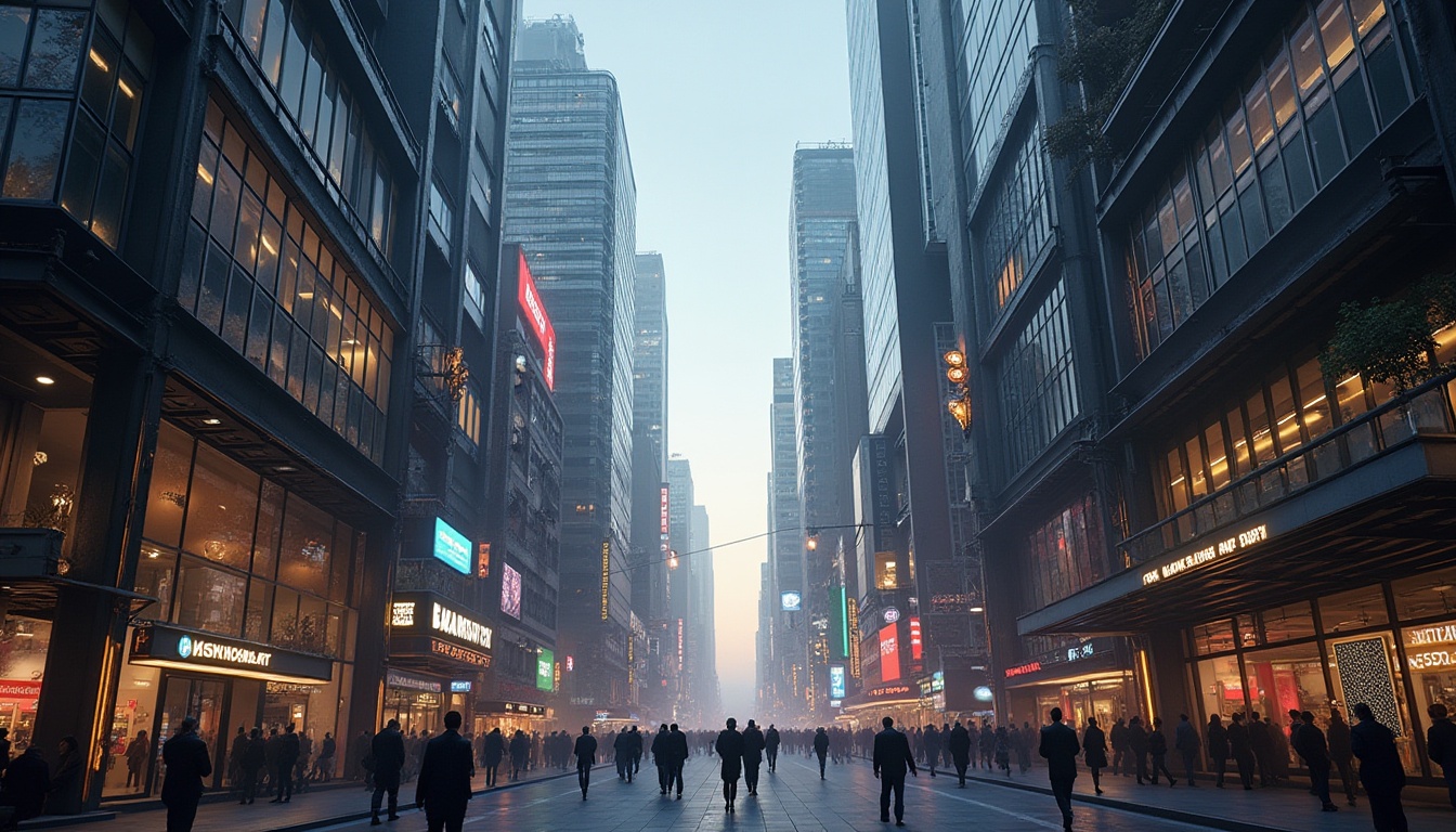 Prompt: Commercial districts, constructivist architecture, modern skyscrapers, steel frames, glass facades, neon lights, urban jungle, bustling streets, pedestrians in suits, briefcases, smartphones, city sounds, morning rush hour, dramatic lighting, low-angle shot, dynamic composition, futuristic atmosphere, metallic texture, reflective surfaces, cityscape panorama.