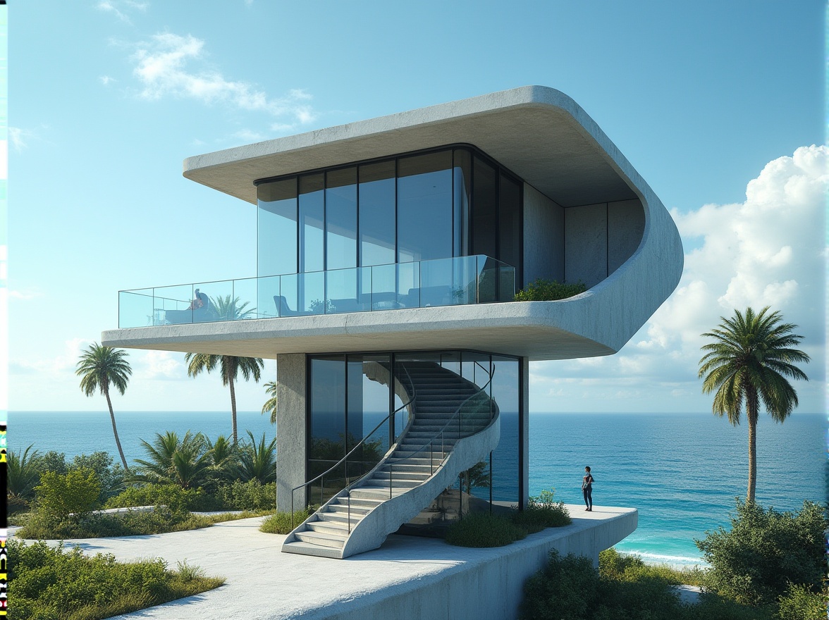 Prompt: Modern coastal watching tower, futuristic architecture, sleek lines, glass and steel materials, reflective surfaces, geometric shapes, spiral staircase, panoramic ocean views, floor-to-ceiling windows, minimalist interior design, concrete foundation, beachside location, tropical plants surrounding, palm trees swaying, sunny day, clear blue sky, dramatic lighting, cinematic composition, high-angle shot, 3/4 view.