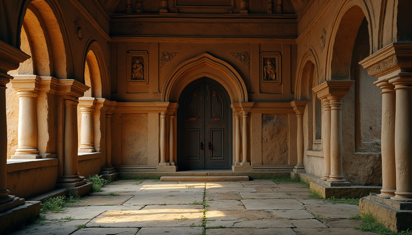 Prompt: Sandstone building, ancient architecture, weathered sandstone walls, ornate carvings, grand entrance, arched windows, Gothic style, rusted iron door handles, moss-covered stone floors, dimly lit interior, vaulted ceilings, stone columns, intricate stonework, natural texture, earthy tone, warm ambient lighting, 3/4 composition, close-up shot of carvings.