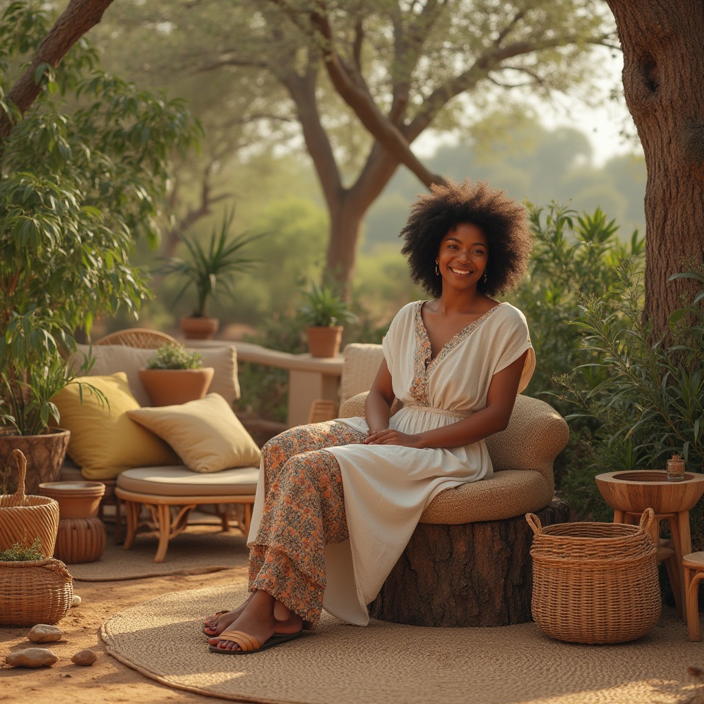 Prompt: Savanna-inspired designs, earthy tones, natural fabrics, wicker furniture, potted plants, African patterns, rustic wooden accents, woven baskets, linen clothing, sandals, relaxed posture, sitting on a tree stump, surrounded by acacia trees, sunny day, warm lighting, soft focus, shallow depth of field, cinematic composition.