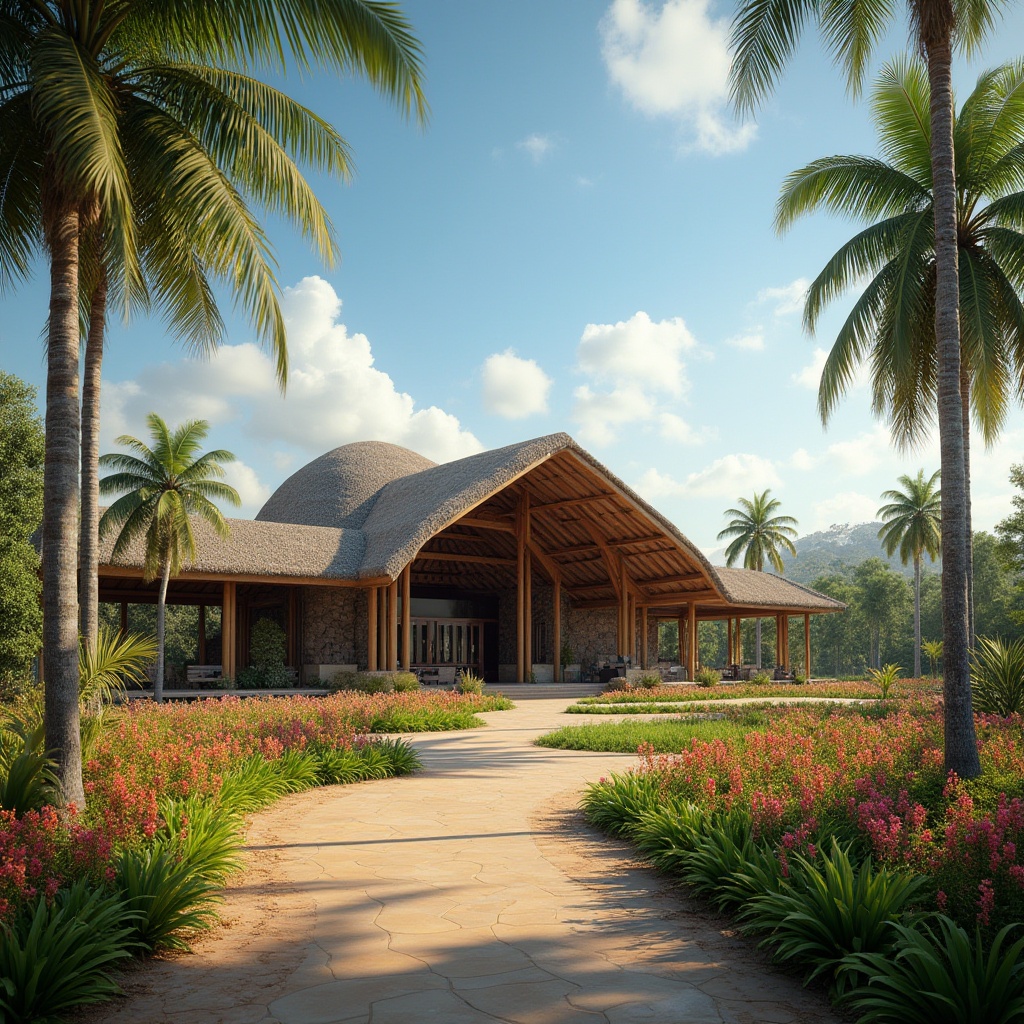 Prompt: Savanna stadium, African-inspired architecture, curved lines, natural materials, wooden beams, thatched roof, open-air design, lush greenery surroundings, vibrant tropical flowers, palm trees swaying gently, sunny day, clear blue sky, few white clouds, dramatic shadows, low-angle shot, 3/4 composition, warm soft lighting, cinematic atmosphere.