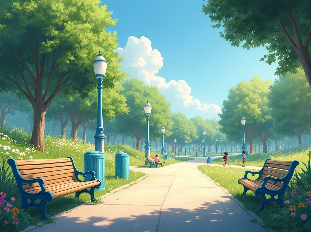 Prompt: light blue accents, park benches, vibrant flowers, lush green grass, sunny afternoon, clear sky, few white clouds, gentle breeze, walking path, children playing, laughter, natural scenery, serene atmosphere, light blue trash cans, decorative lamp posts, wooden bridges, peaceful ambiance, soft focus, warm lighting, 3/4 composition.