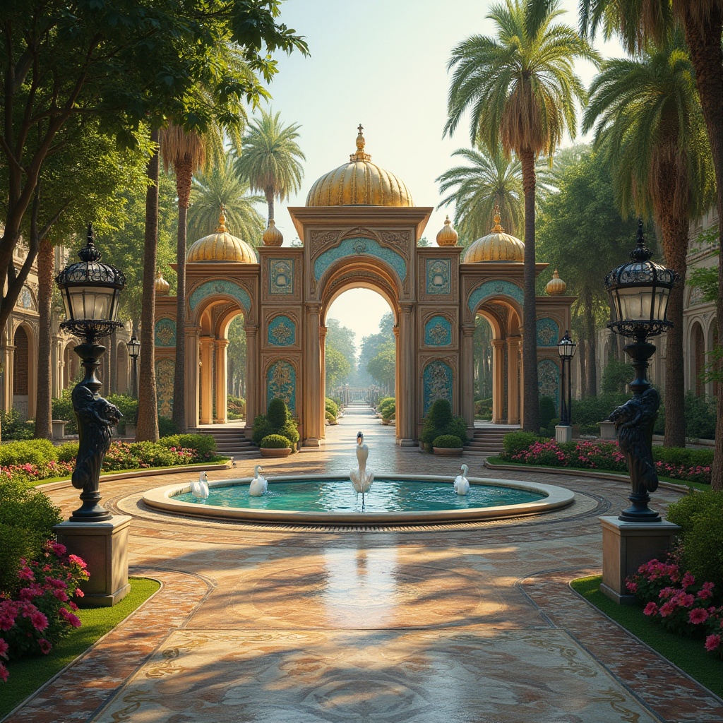 Prompt: Byzantine-inspired park, grand entrance gates with golden domes, intricate mosaics on walls and floors, lush greenery with exotic flowers, marble fountains with lion-headed statues, ornate lamp posts with curved lines, meandering walkways with patterned tiles, majestic trees with lanterns hanging from branches, tranquil pond with swans gliding, warm afternoon light casting long shadows, cinematic composition with leading lines, 3/4 view angle, soft focus on background.