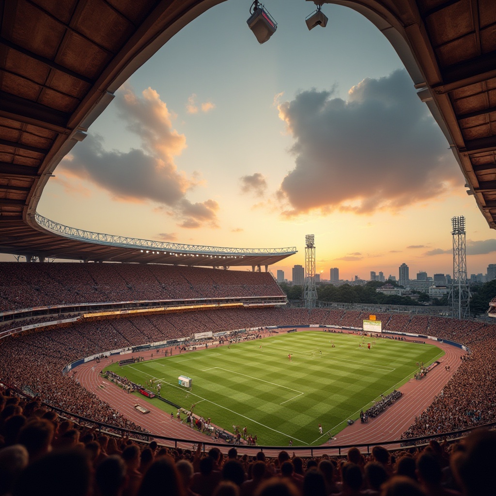 Prompt: Brown tone stadium design, modern architecture, sleek lines, brown metal beams, wooden accents, earthy atmosphere, evening game scene, warm lighting, floodlights shining down, green grass field, white stadium seats, athletes running on track, cheering crowds in background, cityscape skyline, sunset glow, dramatic clouds, cinematic composition, low-angle shot, shallow depth of field.