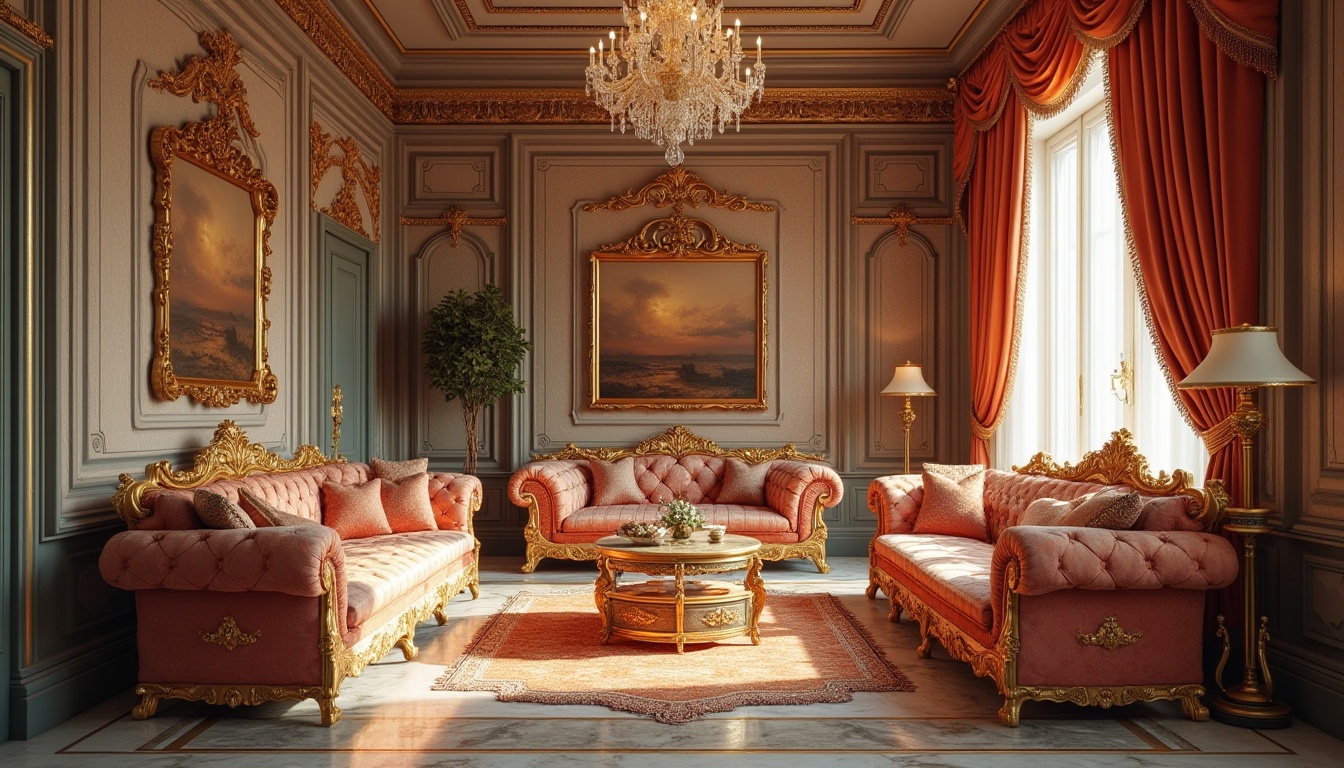 Prompt: Classic interior design, luxurious fabrics, intricate patterns, Victorian-era inspired, ornate furniture, velvet upholstery, golden thread embroidery, floral motifs, stripes, rich textures, satin drapes, tassel trim, marble floor, crystal chandelier, warm soft lighting, 3/4 composition, shallow depth of field, Renaissance-style architecture, grand interior space.