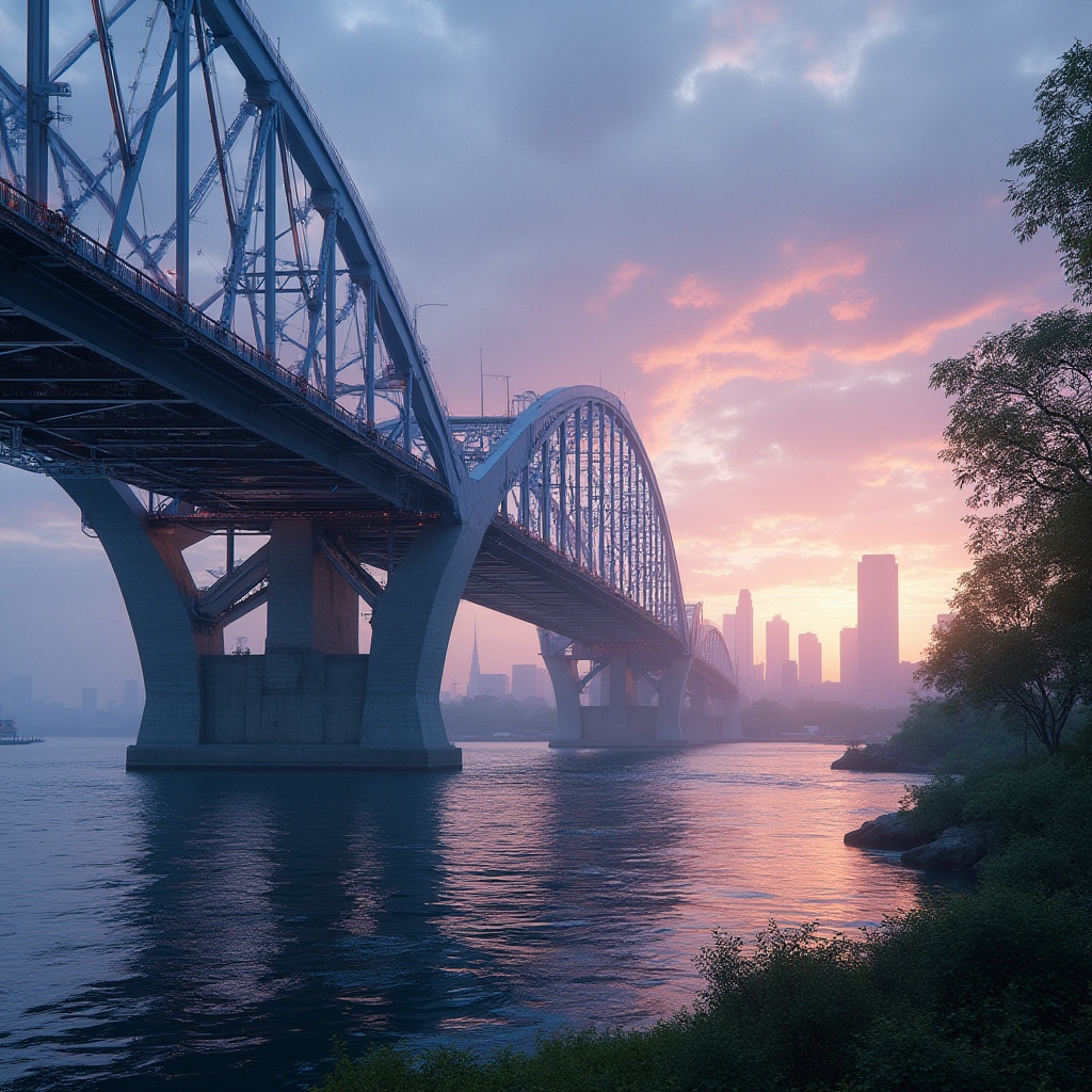 Prompt: Periwinkle colored bridge, majestic, modern architecture, cityscape, urban landscape, steel beams, concrete pillars, gentle curved lines, intricate details, sunset lighting, warm ambient glow, soft focus, 3/4 composition, shallow depth of field, vibrant periwinkle hue, metallic sheen, water reflections, ripples on the river surface, lush greenery on the riverbanks, distant skyscrapers, misty atmosphere.