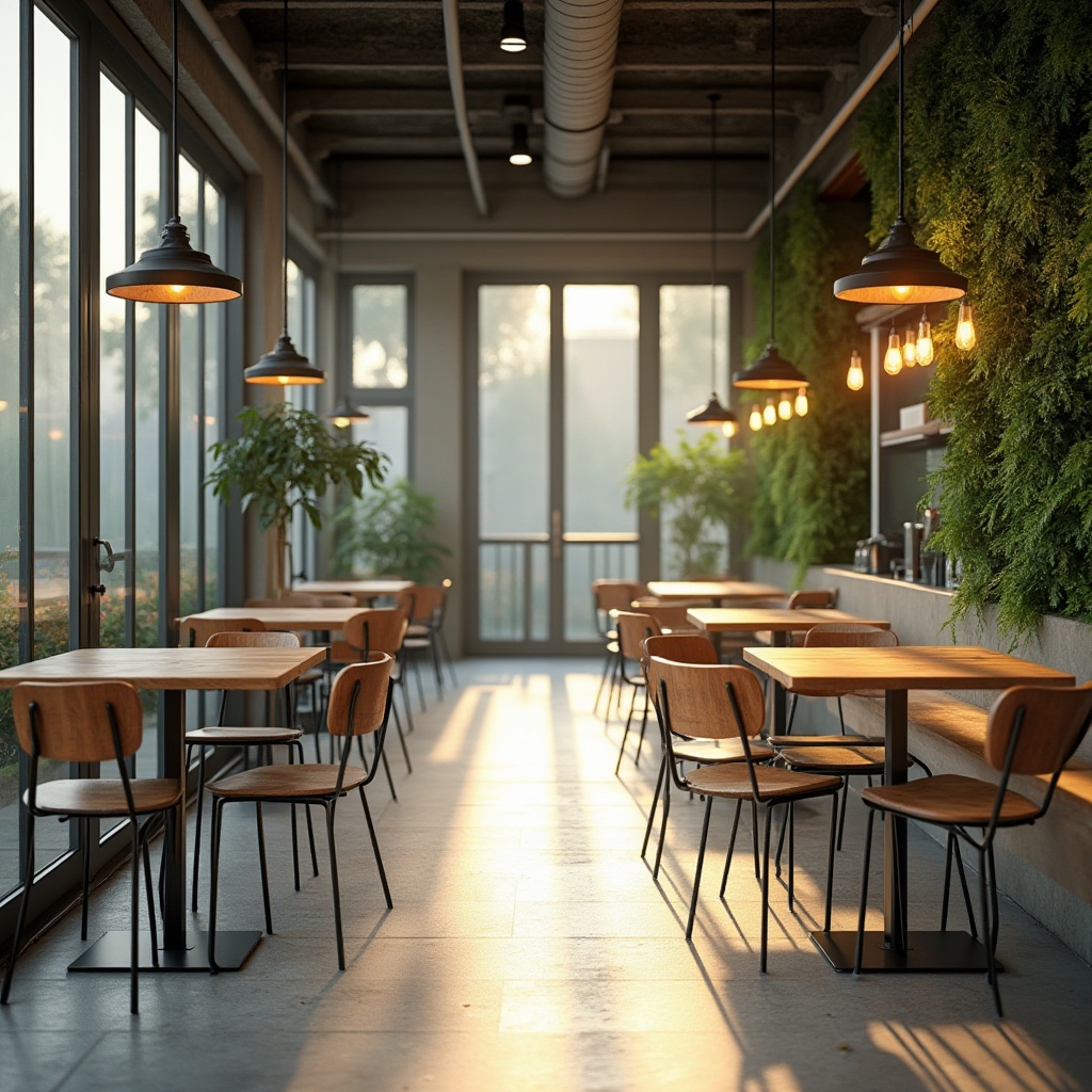 Prompt: Modern coffee shop, industrial chic interior, glass walls, wooden tables, minimalistic chairs, pendant lamps, concrete floor, greenery wall, natural light pouring in, fibreglass decorative ceiling, white and wood tone color scheme, cozy atmosphere, 3/4 composition, soft focus, warm lighting, morning sunlight, shallow depth of field.