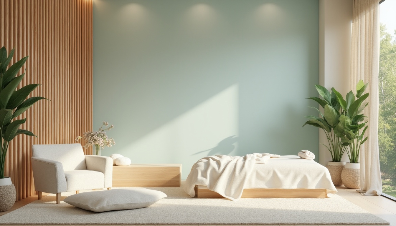 Prompt: Calming healing space, natural materials, wooden accents, soft pastel colors, pale blue walls, cream-colored furniture, plush carpet, gentle lighting, warm beige curtains, lush green plants, peaceful atmosphere, serenity, natural textures, earthy tones, organic shapes, minimal decor, calm ambiance, soothing colors, meditative mood, wellness-focused interior design.