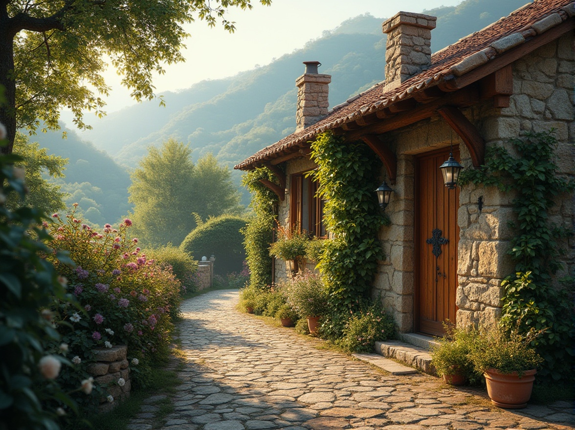 Prompt: Regionalism style house, traditional European architecture, rustic stone walls, wooden door with iron knocker, clay tile roof, chimneys puffing out smoke, lush greenery surrounding, overgrown vines crawling up walls, worn cobblestone pathway leading to entrance, warm afternoon sunlight casting long shadows, soft focus on foreground flowers and bushes, blurred background of rolling hills, atmospheric mist hovering above trees, peaceful rural setting, 3/4 composition, shallow depth of field.